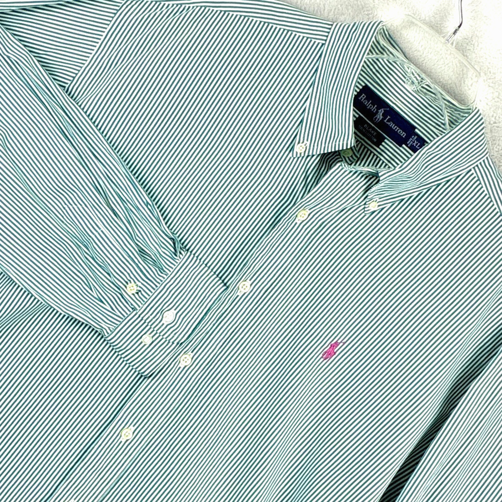 VTG 90s Ralph Lauren Blake Shirt Mens XL Green Striped Pink Pony Preppy Classic
